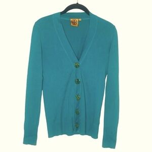 TORY BURCH Turquoise Cotton V Neck Cardigan